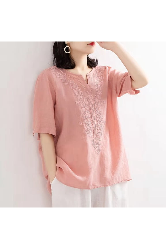 Women's Linen V Neck Embroidered Top Retro Vintage Blouse Loose Fit Plus Size Summer Short Sleeve T Shirt Womens Summer Short Sleeved Tops Thermal Underwear Long Sleeve Women Women Long Tops Leggings
