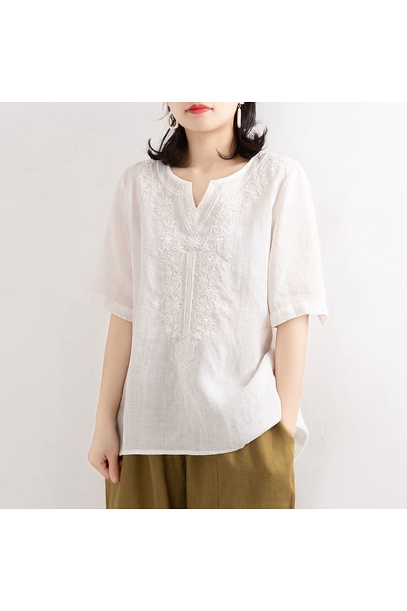 Women's Linen V Neck Embroidered Top Retro Vintage Blouse Loose Fit Plus Size Summer Short Sleeve T Shirt Womens Summer Short Sleeved Tops Thermal Underwear Long Sleeve Women Women Long Tops Leggings