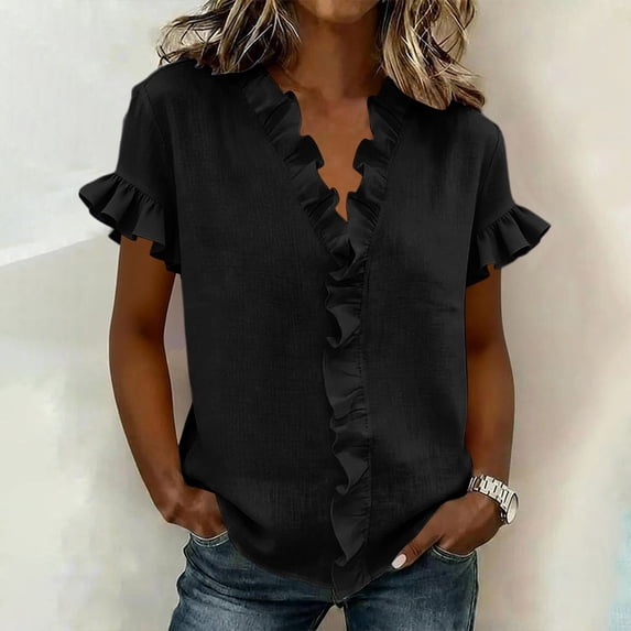 Women's Linen V-Neck Short Sleeve Blouse with Ruffled Hem for Casual Summer Wear