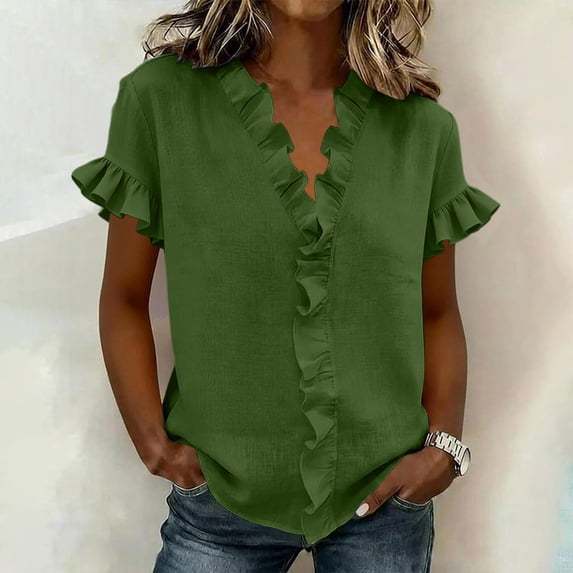 Women's Linen V-Neck Short Sleeve Blouse with Ruffled Hem for Casual Summer Wear