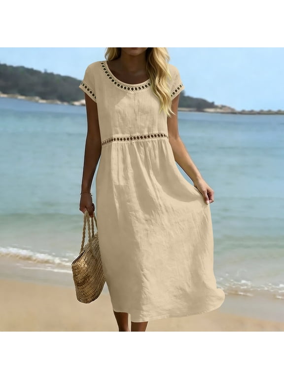 Women's Linen V-Neck Short-Sleeve Casual Summer Dress