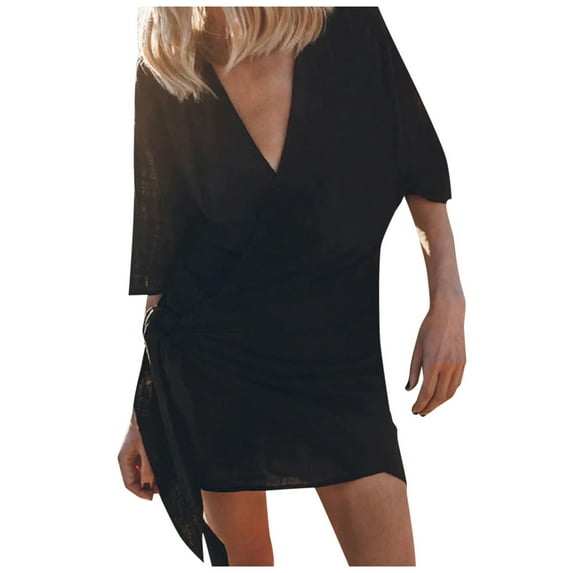 Women's Linen V Neck Short Sleeve Mid Dress - Solid Color, Comfortable, True to Size, Beach/Streetwear - S-XXXL Sizes