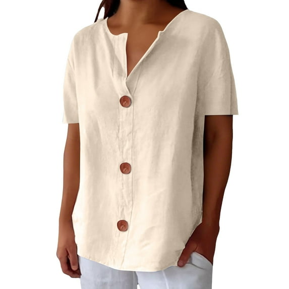 Women's Linen V-Neck Short Sleeve Shirt - Summer Beach Vacation Tunic Top Button-Down Casual Blouse for Resorts & Travel, Beige Linen Shirts for Women Summer Cotton Linen V Neck Short Sleeve Tops
