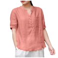 thumbnail image 1 of Women's Linen V Neck T-Shirt Short Sleeve Thin Loose Fit Retro Pullover Top Soft Breathable Casual Comfortable Stylish Elegant Summer Blouse, 1 of 2