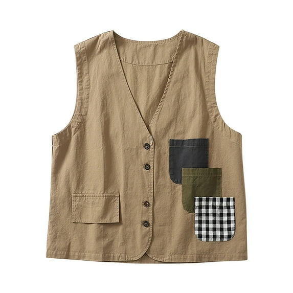 Women's Linen Vest Button Down Blazer Sleeveless V Neck Work Casual Vest Jackets Lightweight Vintage Waistcoat Khaki, L