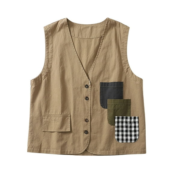 Women's Linen Vest Button Down Blazer Sleeveless V Neck Work Casual Vest Jackets Lightweight Vintage Waistcoat Khaki, XL