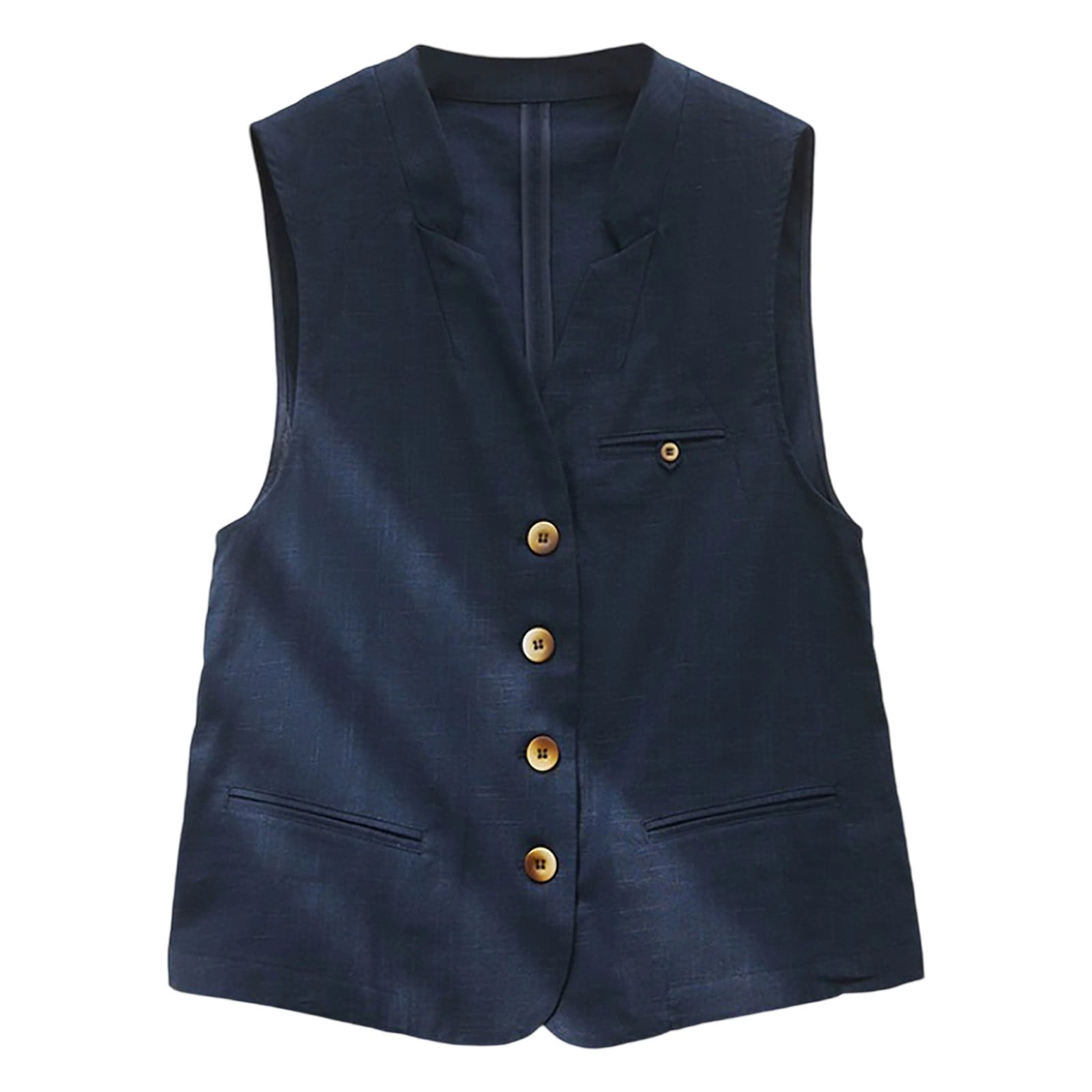 Women's Linen Vest Button Down Blazer Sleeveless V Neck Work Casual Vest Jackets Lightweight Vintage Waistcoat Navy, L