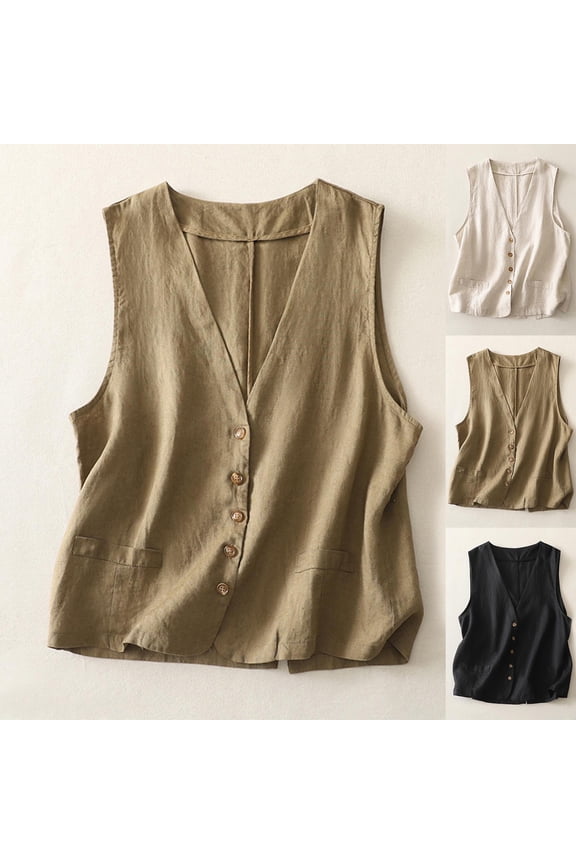 Women's Linen Vest Casual Button Down Sleeveless V Neck Lightweight Business Jacket Waistcoat Vest Solid Color Black,Size M