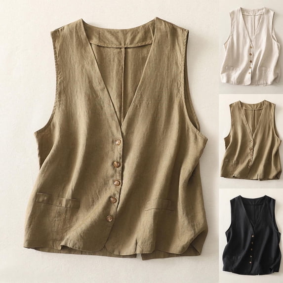 Women's Linen Vest Casual Button Down Sleeveless V Neck Lightweight Business Jacket Waistcoat Vest Solid Color Khaki,Size 2XL