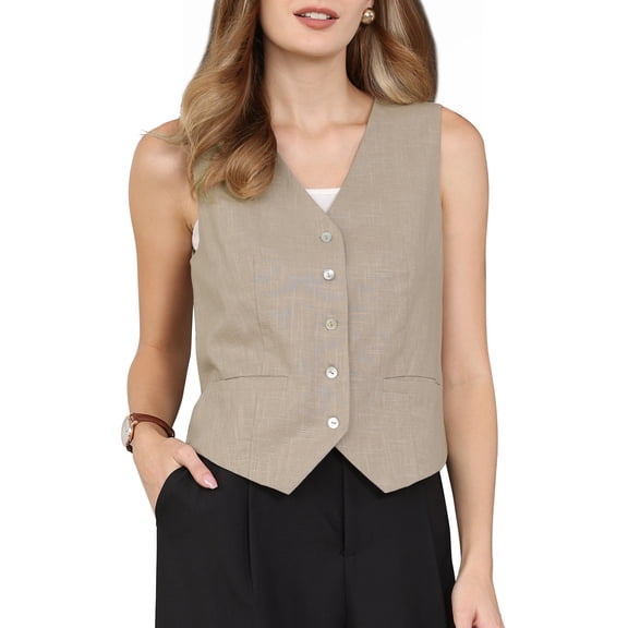INSPIRE CHIC Women's Linen Vest Sleeveless Button Down V Neck Formal Work Waistcoat S Khaki