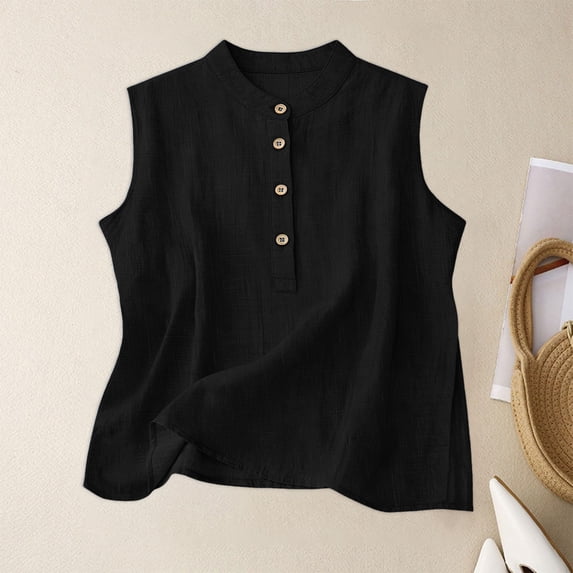 Women's Linen Vest Summer Sleeveless Crew Neck Waistcoat Lightweight Work Casual Cotton Blazer Vest #01Black 3XL