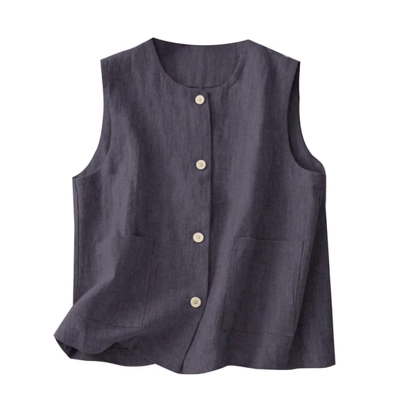 Women's Linen Vest Summer Sleeveless Scoop Neck Waistcoat Lightweight Work Casual Cotton Blazer Vest Soft Lightweight Vest with Pockets Trendy Dressy Office Beach Vacation Outfits, Gray M