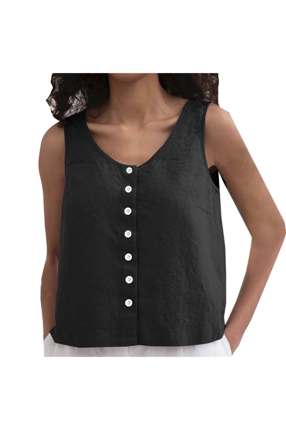Women's Linen Vest Summer Sleeveless Scoop Neck Waistcoat Lightweight Work Casual Cotton Blazer Vest