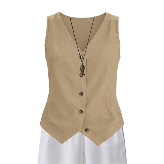 Women's Linen Vest V Neck Button Down Business Work Vacation Sleeveless Blazer Waistcoat Work Casual Cotton Suit Tops Summer Casual Trendy Migroa Beige L