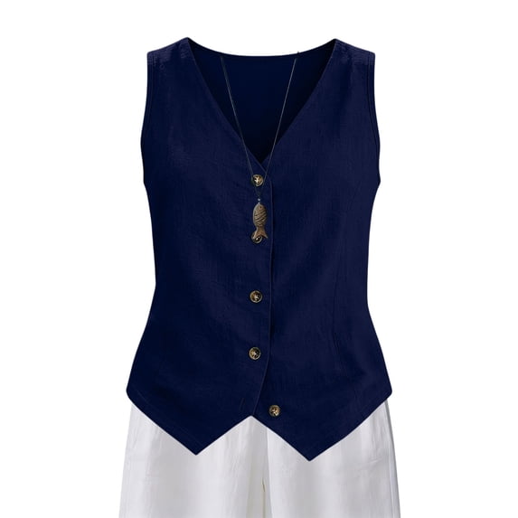 Women's Linen Vest V Neck Button Down Business Work Vacation Sleeveless Blazer Waistcoat Work Casual Cotton Suit Tops Summer Casual Trendy Migroa Dark Blue L