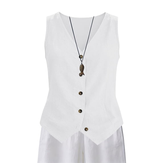 Women's Linen Vest V Neck Button Down Business Work Vacation Sleeveless Blazer Waistcoat Work Casual Cotton Suit Tops Summer Casual Trendy Migroa White L