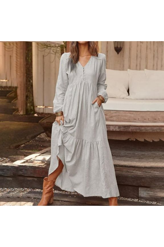 Women's Linen Vintage Casual Long Sleeve Maxi Dress With Flared Skirt Color Options Wide Leg Pant Garden Overalls Vest Jumpsuits for Women Glittery Romper Women's Overalls Wedding Guest Jumpsuit X