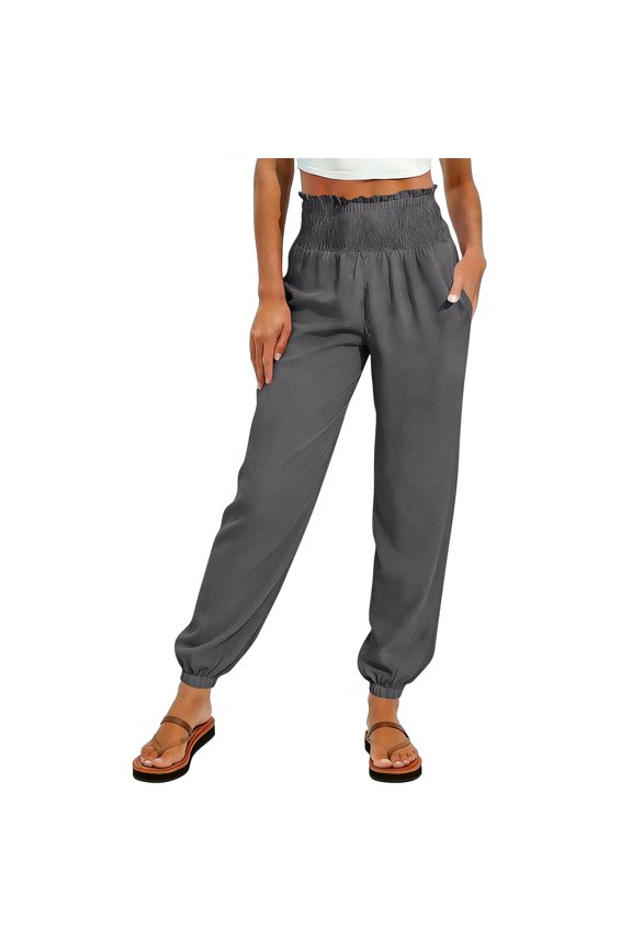 Women's Linen Wide Leg Beach Palazzo Pants Elastic Waist Loose Casual Pants with Pockets Gray 2XL