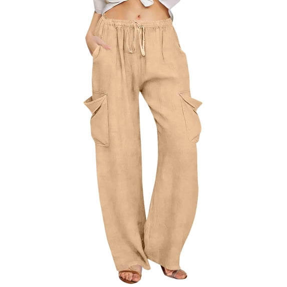 Women's Linen Wide Leg Cargo Pants Elastic Drawstring Waist Casual Loose Trousers With Pockets