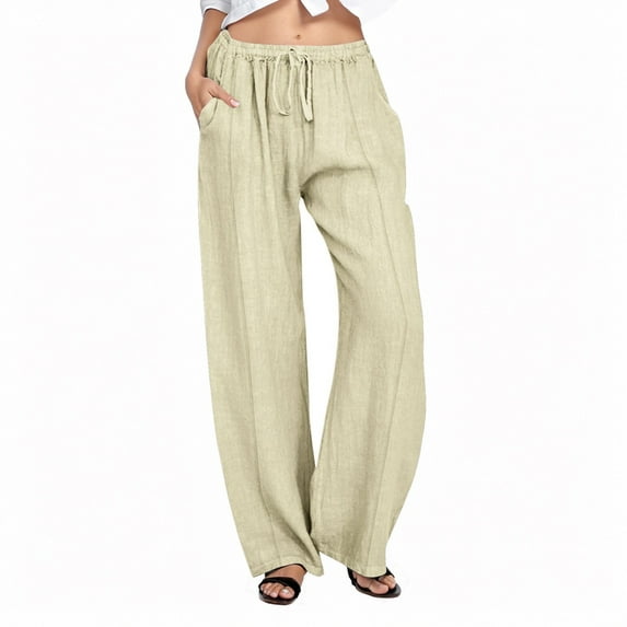 Women's Linen Wide Leg Drawstring Pants - Polyester Material - High Waist with Pockets