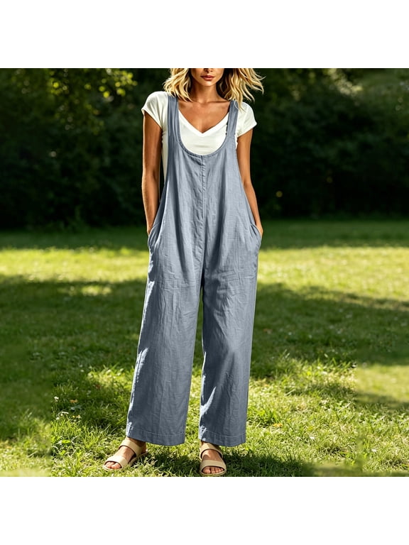Women's Linen Wide Leg Overalls U Neck Sleeveless Loose Fit Side Pocket Casual Jumpsuit Long Pants for Weekend Casual Outing Gray M