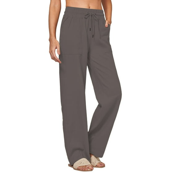 Women's Linen Wide Leg Palazzo Drawstring Summer Pants with Pockets, Gray S-3XL