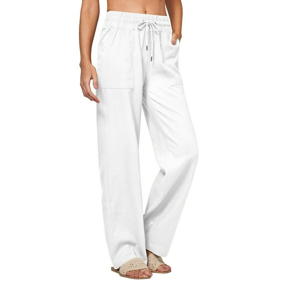 Women's Linen Wide Leg Palazzo Drawstring Summer Pants with Pockets, White S-3XL