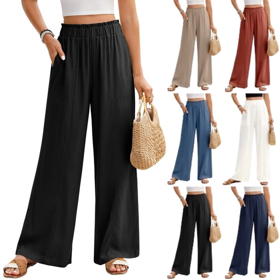 Women's Linen Wide Leg Pant Summer High Waisted Palazzo Pants Boho Flowy Beach Trousers with Pockets, Black S
