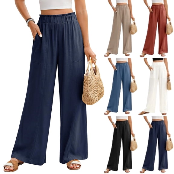 Women's Linen Wide Leg Pant Summer High Waisted Palazzo Pants Boho Flowy Beach Trousers with Pockets, Navy L
