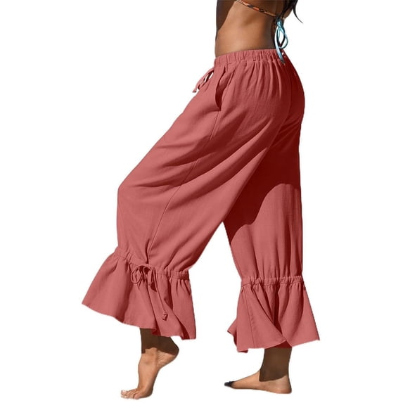 Women's Linen Wide Leg Pants Casual Cropped Crinkle Design with Drawstring Waist and Loose Fit Ruffled Hem Trousers for Everyday Wear Watermelon Red M