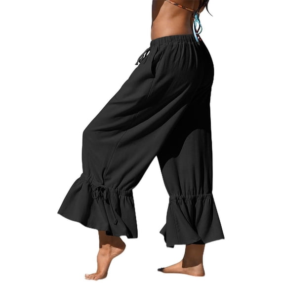 Women's Linen Wide Leg Pants Casual Cropped Crinkle Design with Drawstring Waist and Loose Fit Ruffled Hem Trousers for Everyday Wear Black L
