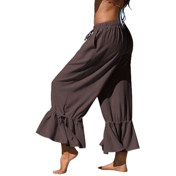 Women's Linen Wide Leg Pants Casual Cropped Crinkle Design with Drawstring Waist and Loose Fit Ruffled Hem Trousers for Everyday Wear Coffee S