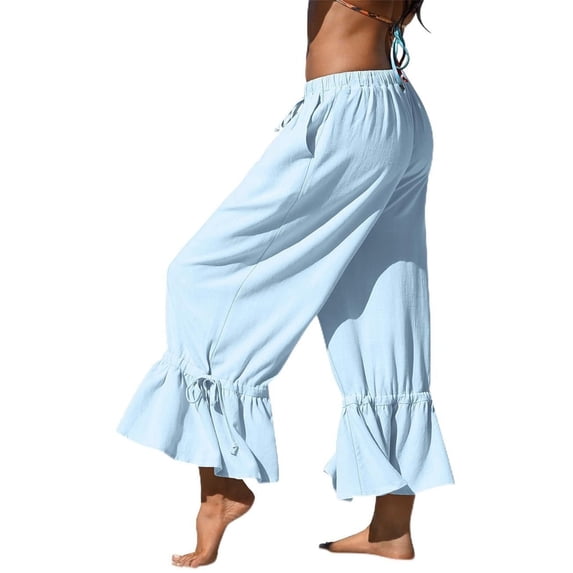 Women's Linen Wide Leg Pants Casual Cropped Crinkle Design with Drawstring Waist and Loose Fit Ruffled Hem Trousers for Everyday Wear Light Blue S