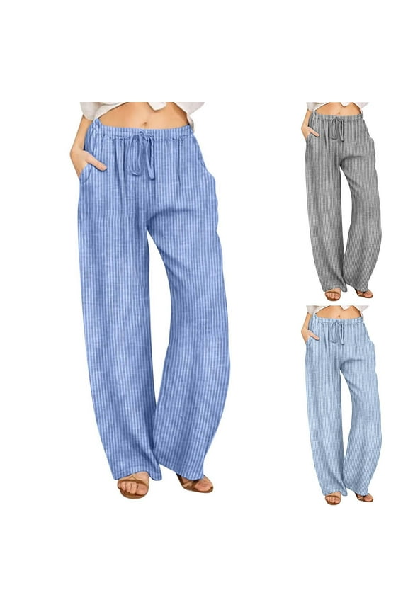 Women's Linen Wide Leg Pants, Casual Stripe Trousers with Drawstring Elastic Waist, Breathable Flowy Lounge Wear for Beach Vacation, Summer Essentials | HAODEJW,Light Blue L