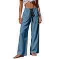 thumbnail image 1 of Women's Linen Wide Leg Pants Elastic Waist Drawstring Casual Trousers With Pockets For Summer Beach, 1 of 6