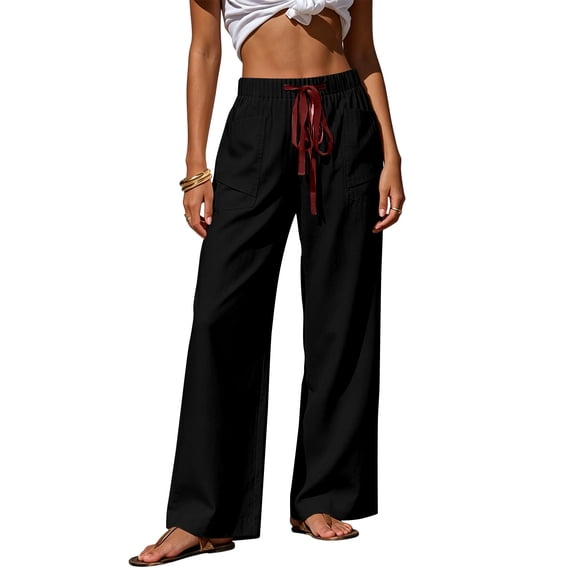 Women's Linen Wide Leg Pants Elastic Waist Drawstring Casual Trousers With Pockets For Summer Beach
