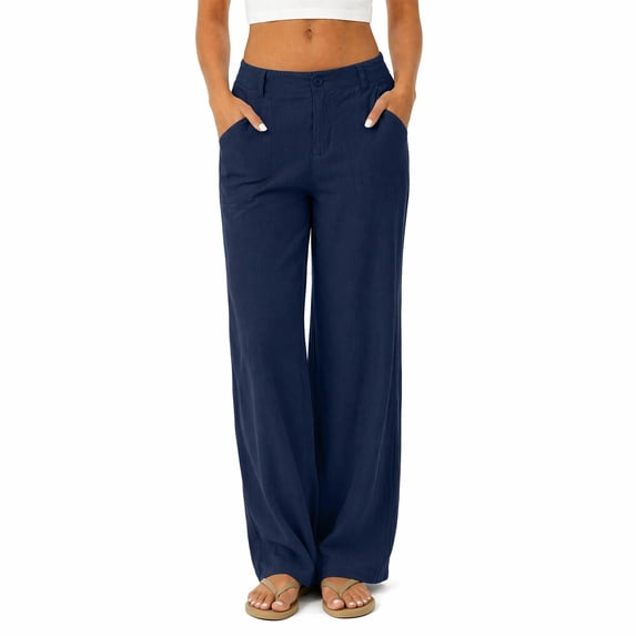 Women's Linen Wide Leg Pants High Waist Casual Loose Straight Trousers with Pockets Elastic Back Summer Vintage