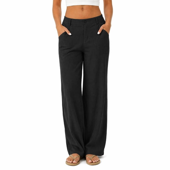 Women's Linen Wide Leg Pants High Waist Casual Loose Straight Trousers with Pockets Elastic Back Summer Vintage