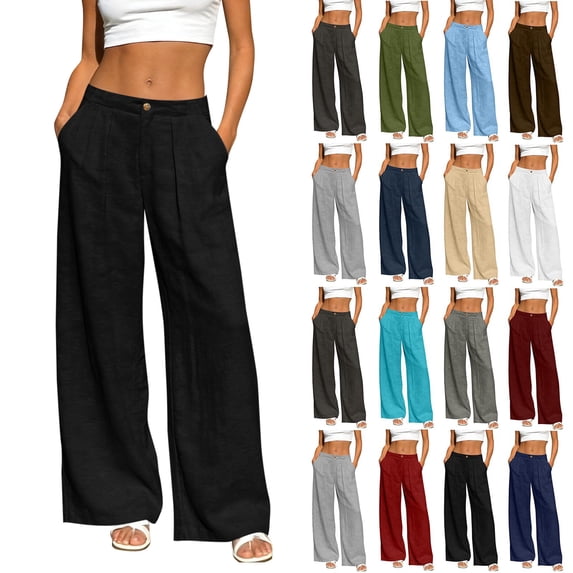 Women's Linen Wide Leg Pants High Waist Pleated Button Zip Fly Casual Loose Solid Color Trousers with Side Pockets Summer Vacation Pants