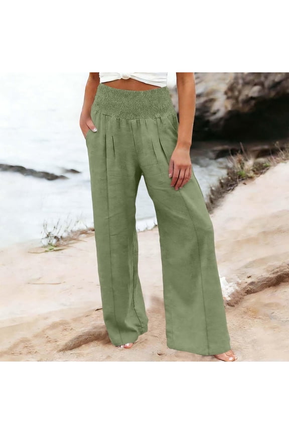 Women’s Linen Wide Leg Pants – High Waist with Pockets, Boho Beach, Maternity/Petite/Plus Friendly Army Green M