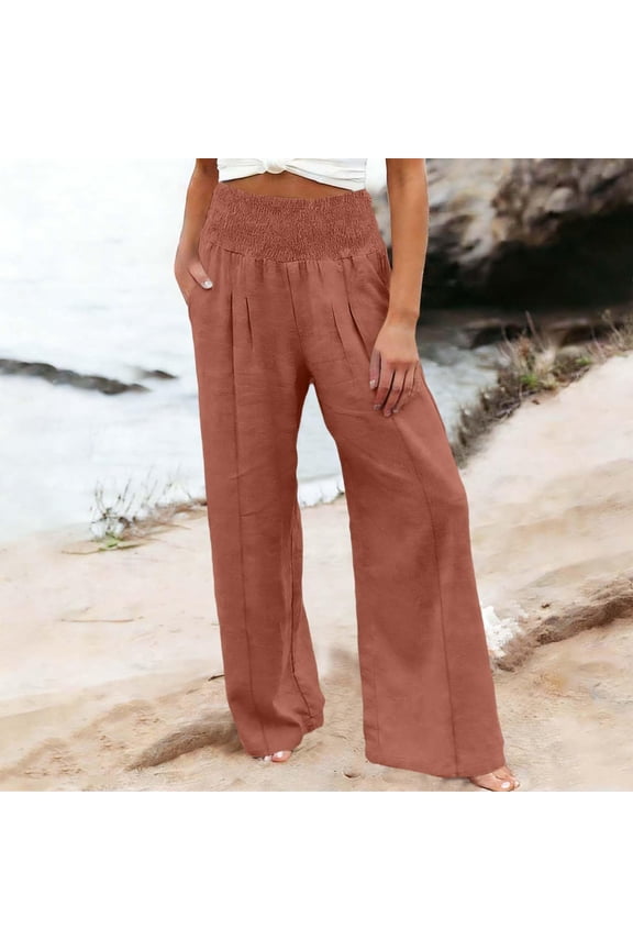 Women’s Linen Wide Leg Pants – High Waist with Pockets, Boho Beach, Maternity/Petite/Plus Friendly Light Brown 2XL
