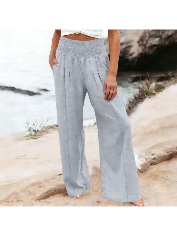 Women’s Linen Wide Leg Pants – High Waist with Pockets, Boho Beach, Maternity/Petite/Plus Friendly Light Gray S