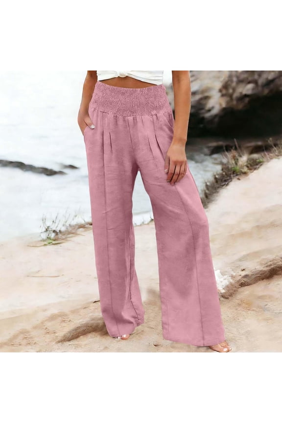 Women’s Linen Wide Leg Pants – High Waist with Pockets, Boho Beach, Maternity/Petite/Plus Friendly Pink M