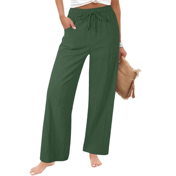 Women's Summer Linen Solid Color Drawstring Elastic Waist Loose Straight Leg Side Pocket Pants