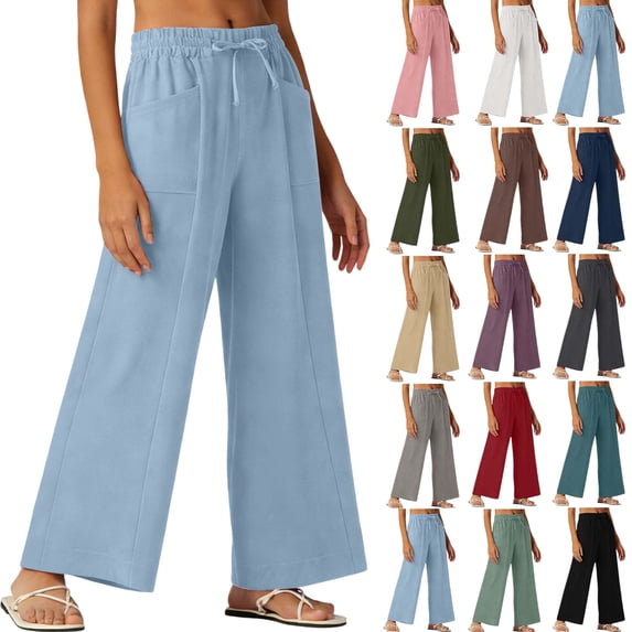 Women's Linen Wide Leg Pants Loose Ruffles Solid Color Straight Elastic Drawstring Waist Pocket Casual Long Pants