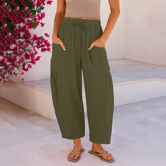 Women's Linen Wide Leg Pants Summer 2026 Casual Loose Beach Vacation Baggy Palazzo Barrel Pant with Pockets Green 2XL