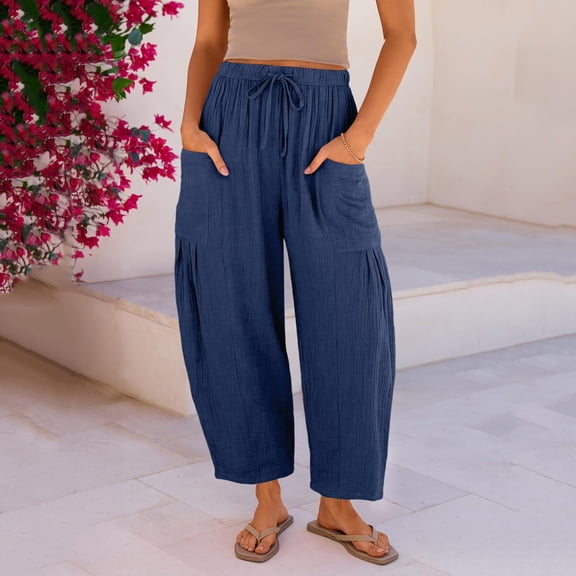 Women's Linen Wide Leg Pants Summer 2026 Casual Loose Beach Vacation Baggy Palazzo Barrel Pant with Pockets Blue S