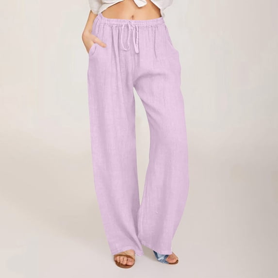 Women's Linen Wide Leg Pants Summer Drawstring Loose Cotton Linen Straight Leg Pant Woman Casual Solid Lightweight Breathable Comfy Beach Vacation Pant