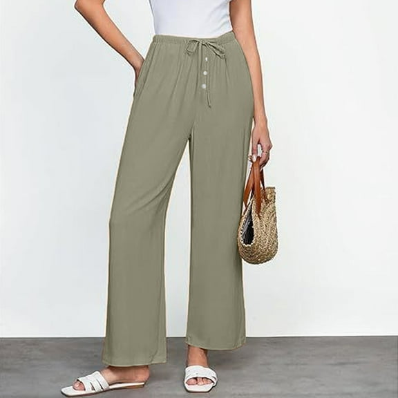 Women's Linen Wide Leg Pants Women's High Waisted Zipper Drawstring Loose Casual Summer Pants With Pockets Womens Pants Womens plus Size Casual Pants with Pockets Sweatpants Womens Casual Summer Pants