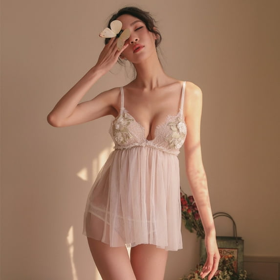 Women's Lingerie Deep V-neck Mesh Embroidery Flower Strap Pajamas